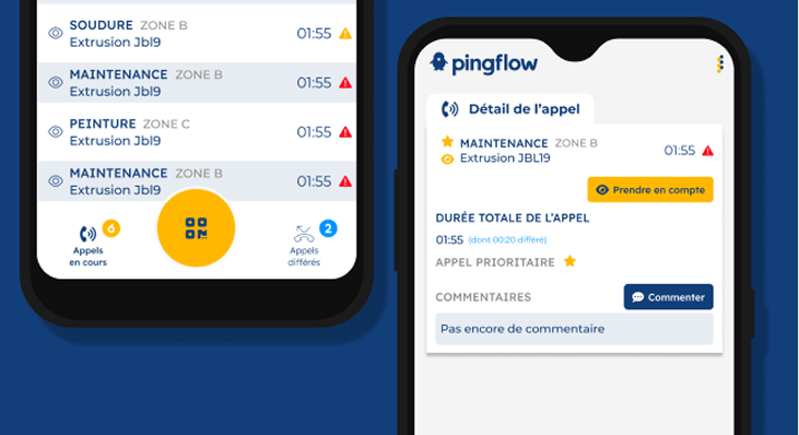 Visuels de l’application mobile Andon développée par Pingflow, affichée sur deux smartphones. L’écran de gauche présente une liste d’appels en cours par zone (soudure, maintenance, peinture), avec durée d’attente, priorité et pictogrammes. L’écran de droite affiche le détail d’un appel de maintenance (zone B, extrusion JBL19), avec options d’action (« Prendre en compte »), priorité signalée par une étoile, minuterie et champ de commentaire. L’interface mobile est conçue pour une réactivité terrain optimale et un traitement fluide des incidents industriels.