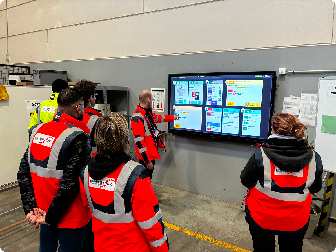 Photo d'une animation d'équipe à l'aide du management visuel digital Pingflow chez le Groupe Bils-Deroo