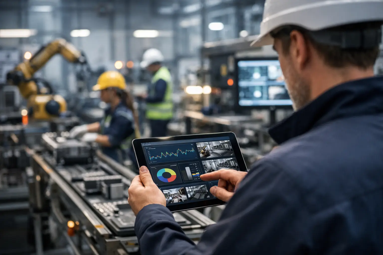 Homme de dos dans une usine tenant une tablette avec du suivi d'activité en temps réel